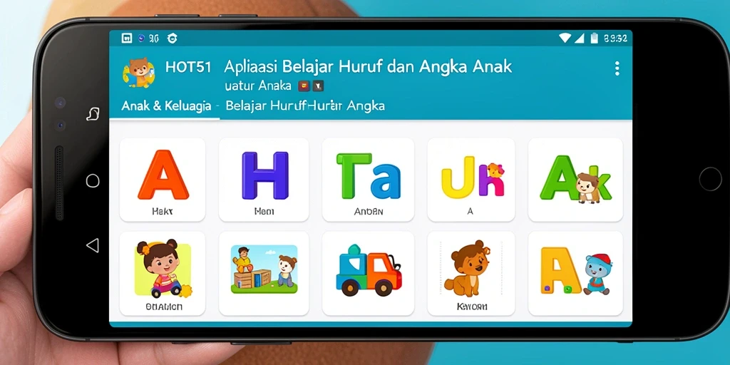 Tampilan antarmuka HOT51 yang ceria untuk belajar huruf dan angka.